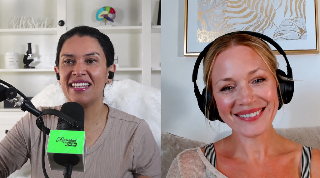 Rosabel Zohfeld and Hollyanna Vellichor in a split-screen podcast interview discussing chronic pain recovery and Bio Coding.